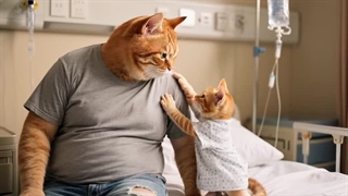 پدر گربه زنجبیلی در محل ساخت و ساز کار می کند تا برای بچه گربه اش همبرگر بخرد 